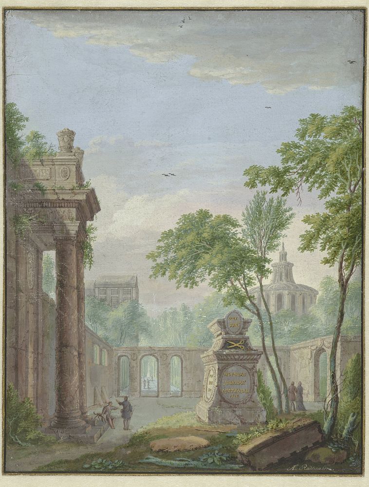 Tuin met een tombe ter nagedachtenis aan Johanna Koerten Blok (1716) by Abraham Rademaker
