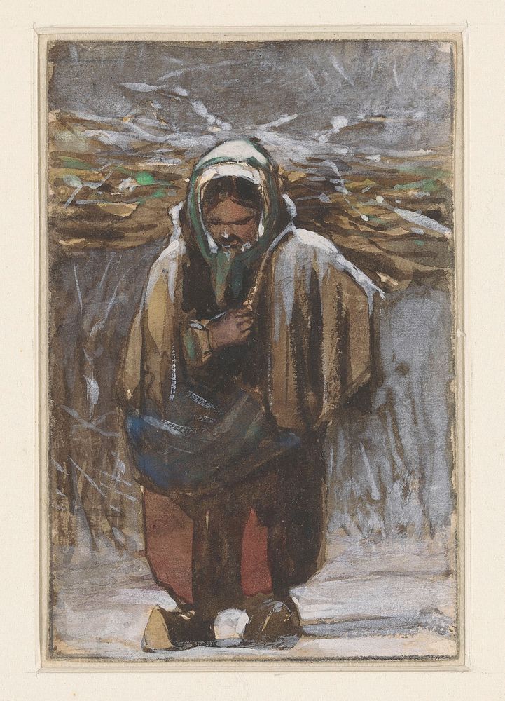 Boerin met sprokkelhout op haar rug in winterlandschap (1832 - 1880) by Jan Weissenbruch