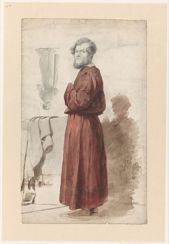 Figuurstudies met een staande man in rode kamerjas (1832 - 1880) by Jan Weissenbruch