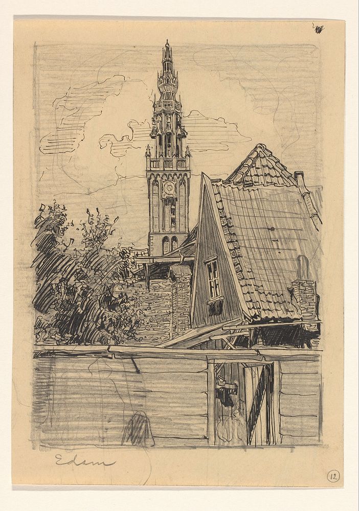 Gezicht op de Speeltoren van de Onze-Lieve-Vrouwekerk te Edam (in or before 1897) by Wijnand Otto Jan Nieuwenkamp