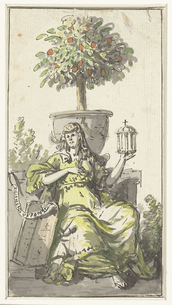 Ontwerp voor een titelpagina met een vrouw met een monstrans (1763 - 1826) by Abraham van Strij I