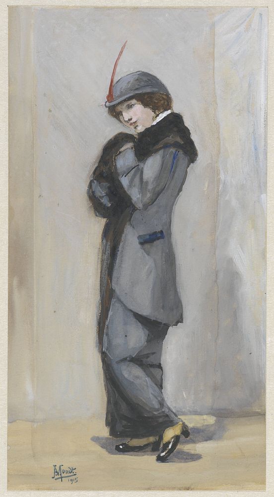 Staande dame in lange mantel met bont (1915) by Johannes Abraham Mondt and George Henry Boughton