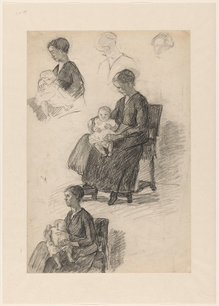 Studies van een jonge vrouw met een zuigeling op schoot (1869 - 1941) by Johannes Abraham Mondt