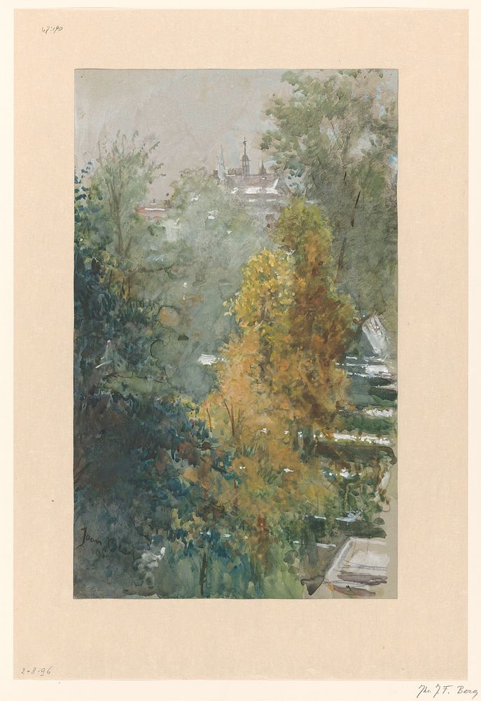 Uitzicht op bomen en gebouwen (1919) by Joan Berg
