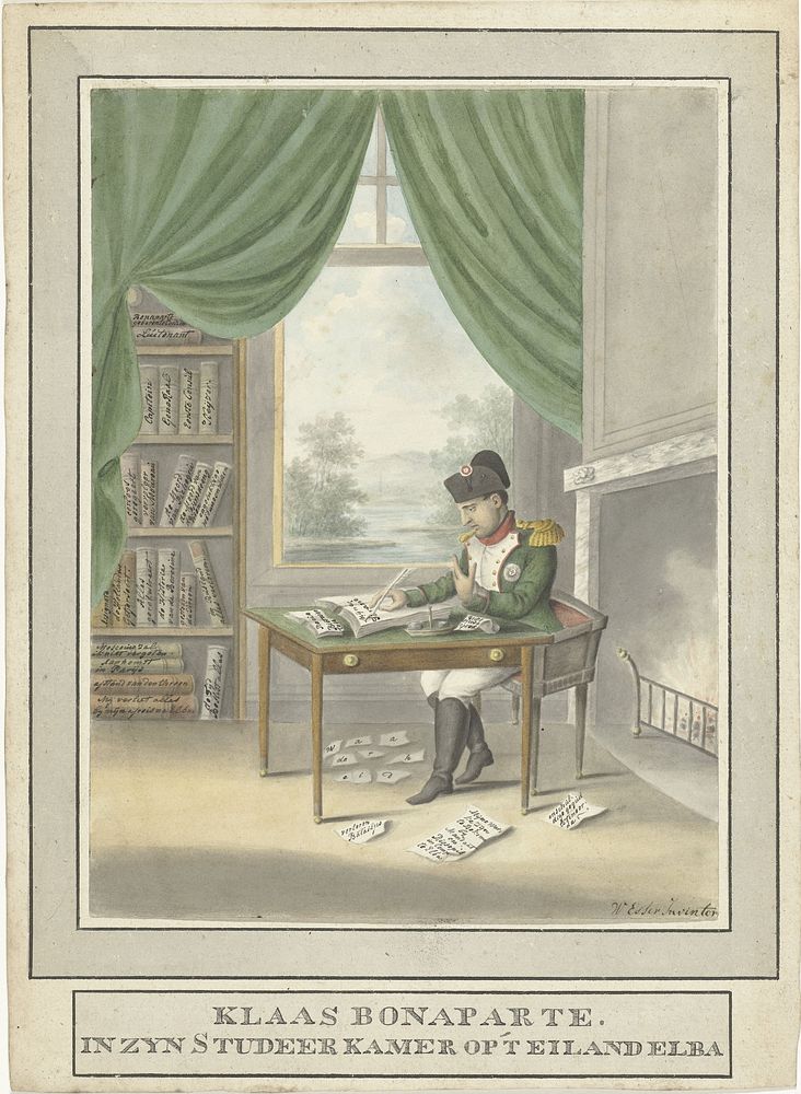 Spotprent op Napoleon: Klaas Bonaparte in zijn studeervertrek op 't eiland Elba, 1814 (1814) by Wijnand Esser