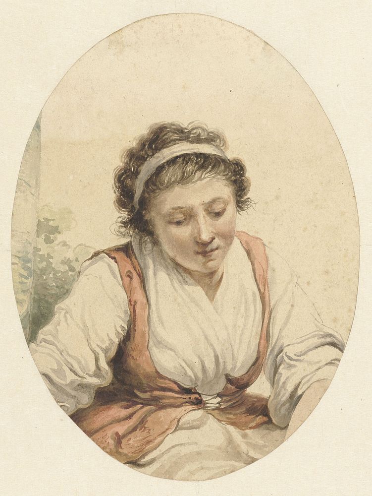 Vrouw met rood vest en wit lint in het haar (1766 - 1815) by Jacob van Strij