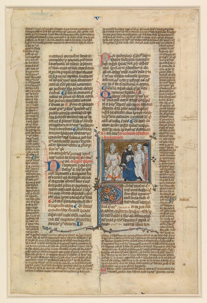 Fragment van decretalen met een miniatuur en gehistorieerde initiaal (c. 1325 - c. 1340) by anonymous