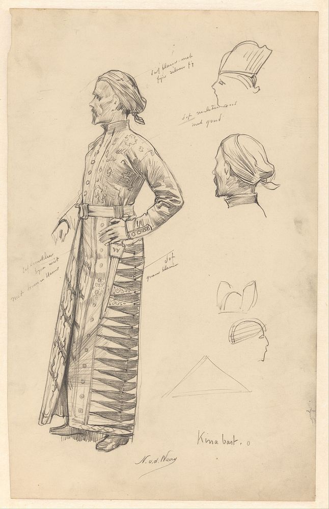 Studieblad met kleding en hoofddeksel van een hoogwaardigheidsbekleder uit Nederlands-Indië (1865 - 1936) by Nicolaas van…