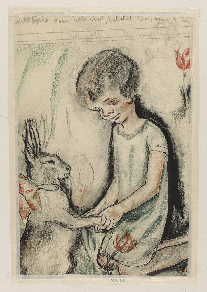 Knielend meisje houdt een haas vast (1904 - 1934) by Albert Funke Küpper