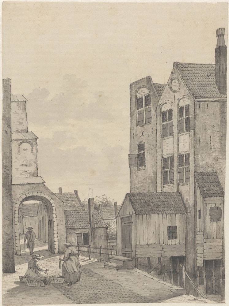 Stadsgezicht in Gouda met een visverkoopster (1815) by J Scheltema Jansz