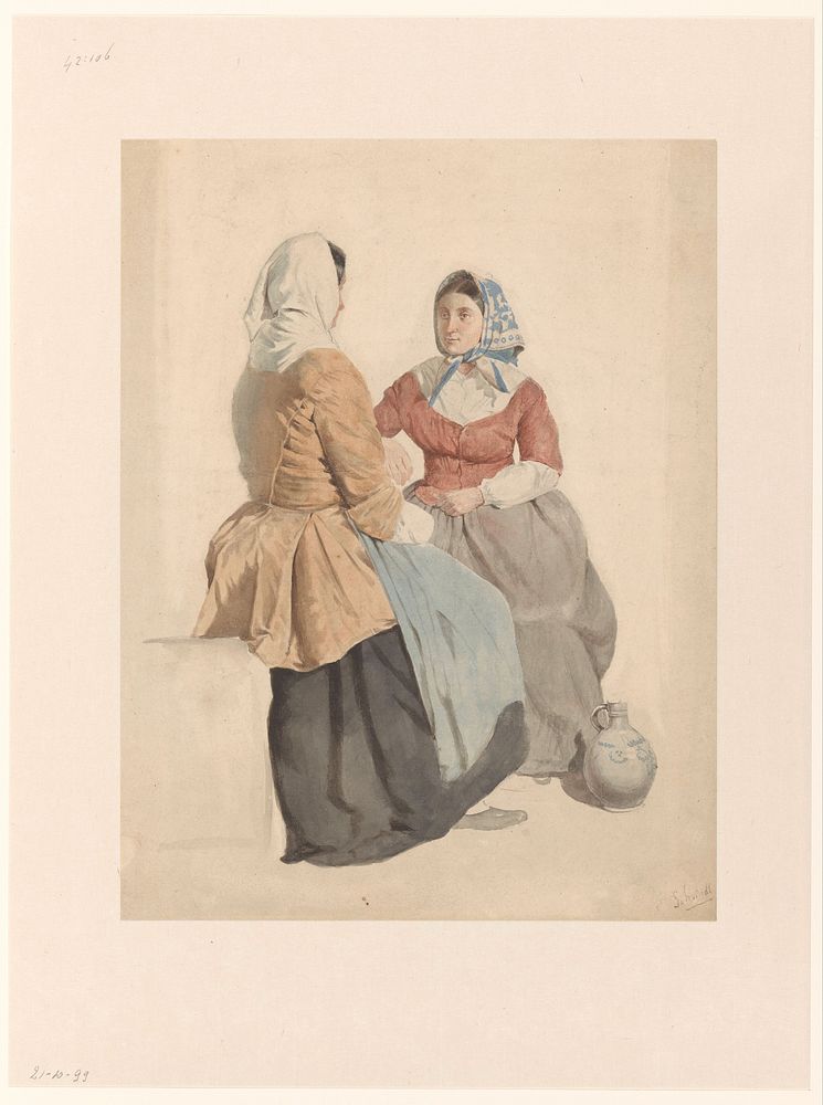 Twee zittende vrouwen met een kruik (1819 - 1849) by Willem Hendrik Schmidt