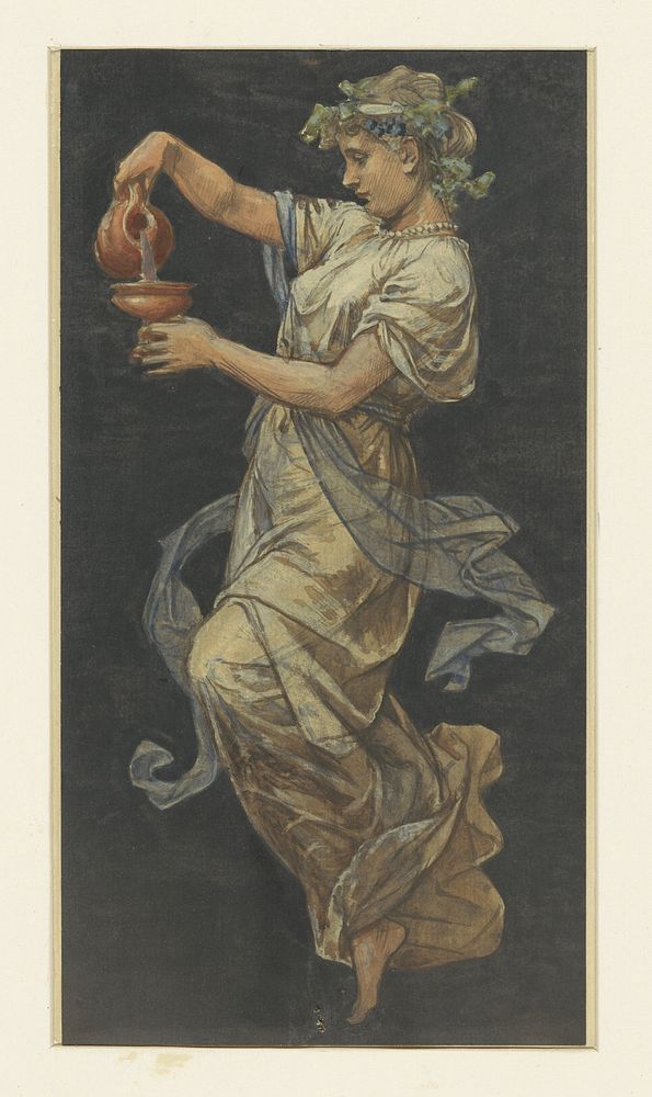 Zwevende vrouwenfiguur een beker inschenkend (c. 1865 - c. 1923) by Georg Sturm