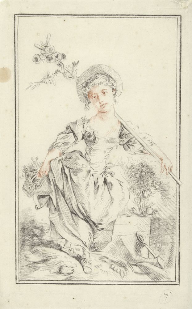 Herderin met een bloemenmand (after 1763) by anonymous, Gilles Demarteau and François Boucher