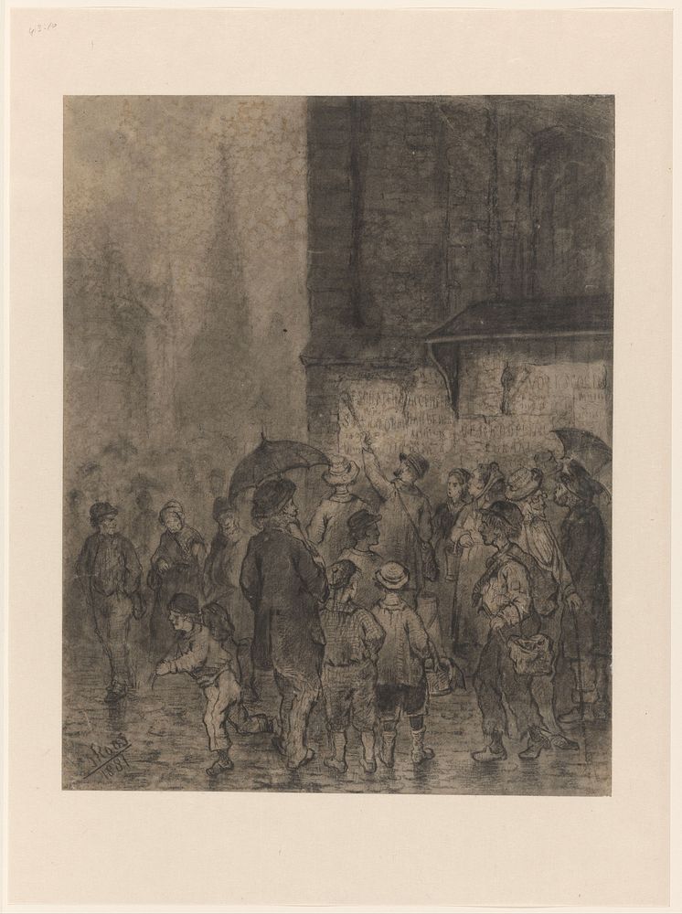 De stadsaanplakker, te Amsterdam bij regen (1881) by Cornelis Stephanus Roos