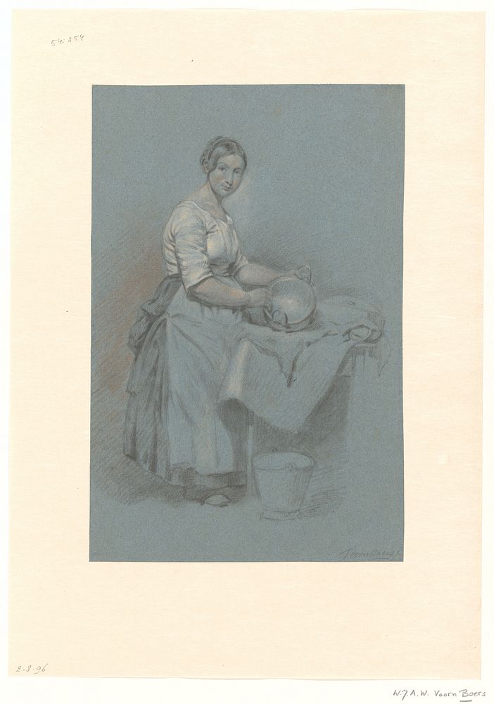 Dienstmaagd staande bij tafel met koperen pan (1824 - 1886) by Willem Johannes Adrianus Wijnandus Voorn Boers