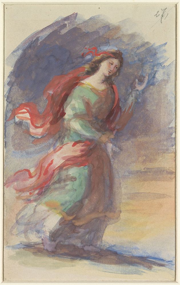 Lopende jonge vrouw, in kleurig, wapperend gewaad, tegen een donkere achtergrond (1818 - 1880) by Eduard von Heuss