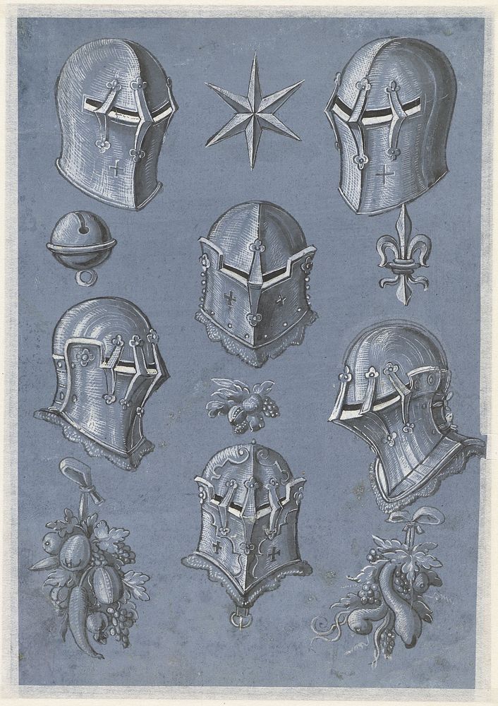 Blad met zes helmen, een ster, een heraldieke lelie, een bel en drie vruchtentrossen (1593) by Monogrammist TA