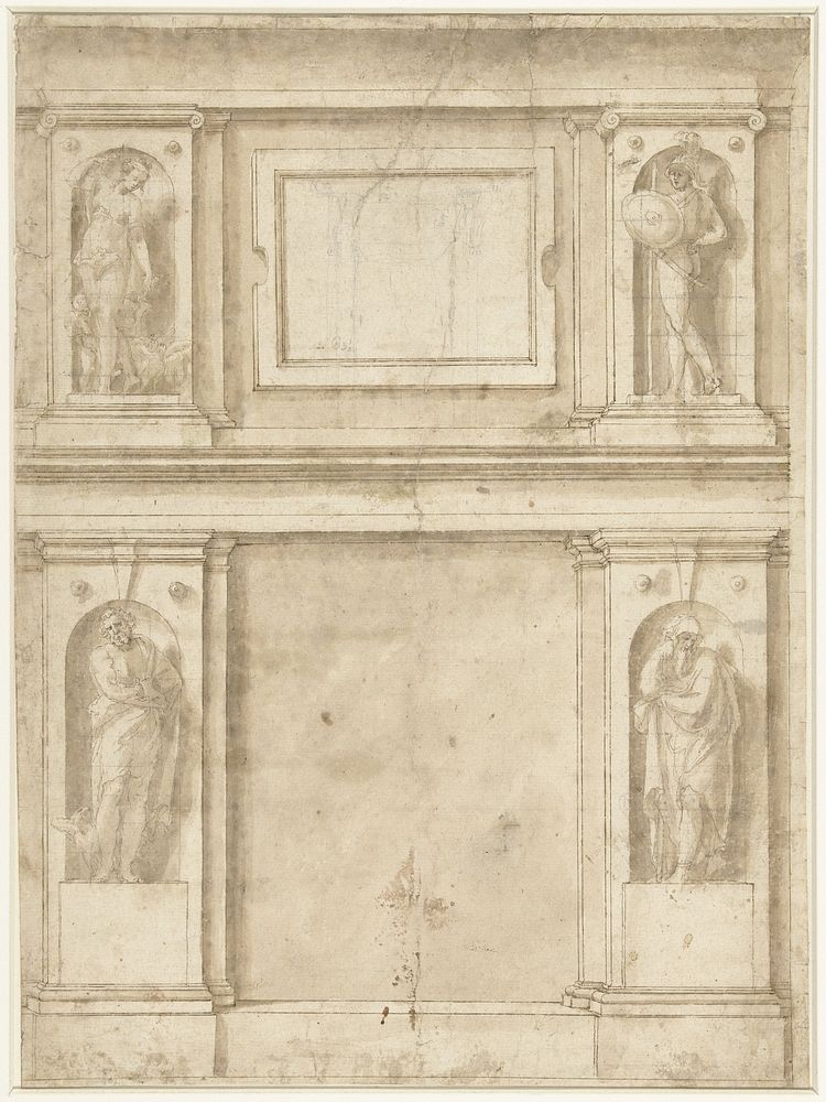 Ontwerp voor de indeling van een muurvlak, met beelden van Mars en Venus, en Jupiter en Saturnus (?) (1521 - 1587) by Lelio…