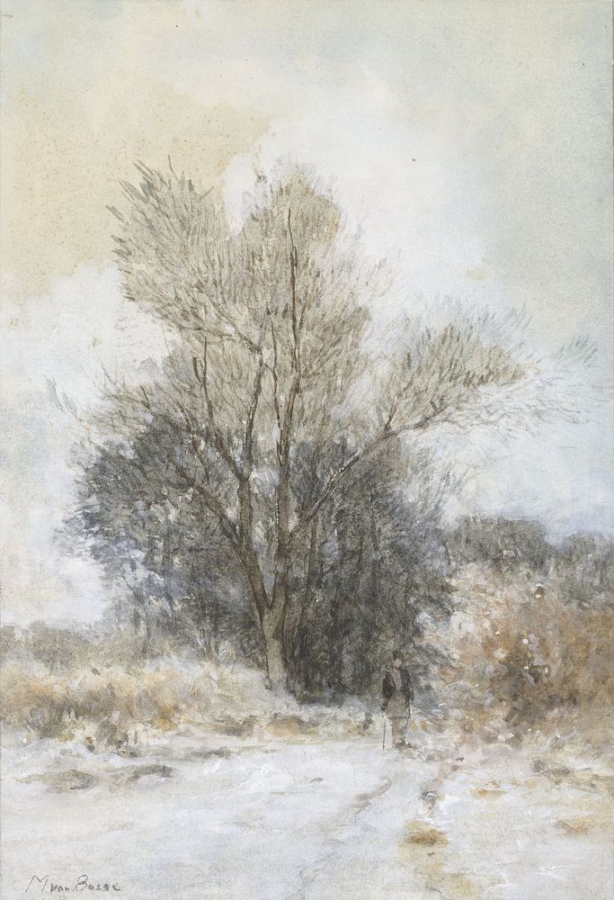 Wandelaar in de sneeuw bij de rand van een bos (1847 - 1900) by Maria Bilders van Bosse