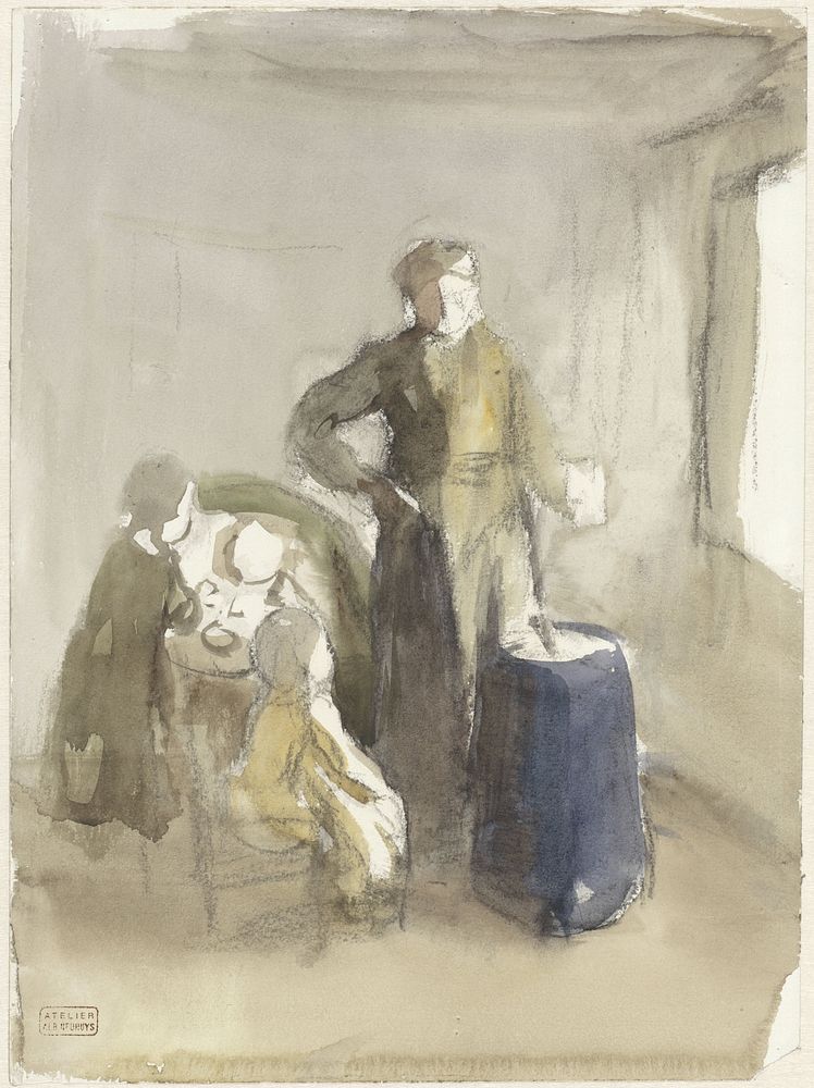 Interieur met vrouw en kinderen bij een karnton (1854 - 1914) by Albert Neuhuys 1844 1914