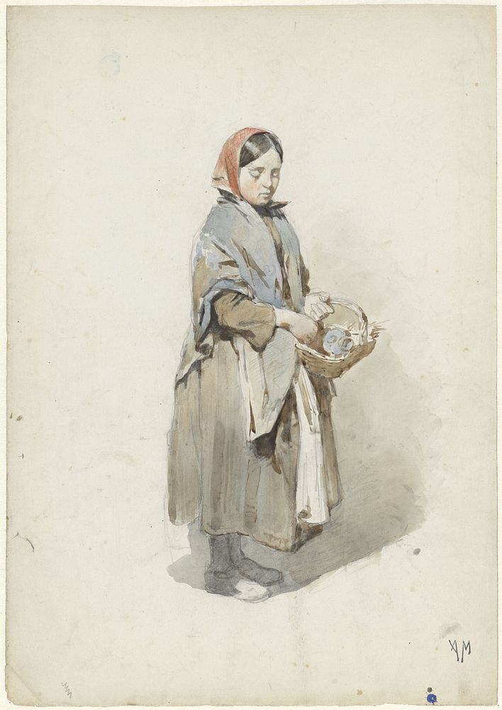 Staande vrouw met hoofddoek en mand (1848 - 1888) by Anton Mauve
