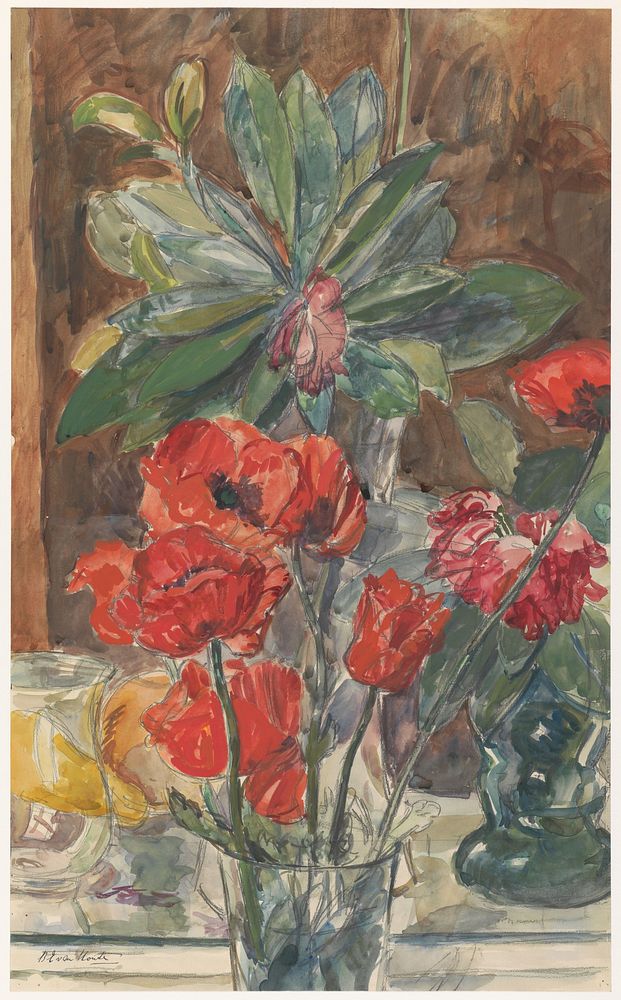 Bloemenstudie van Papavers en Rhododendrons (1872 - 1950) by Barbara Elisabeth van Houten
