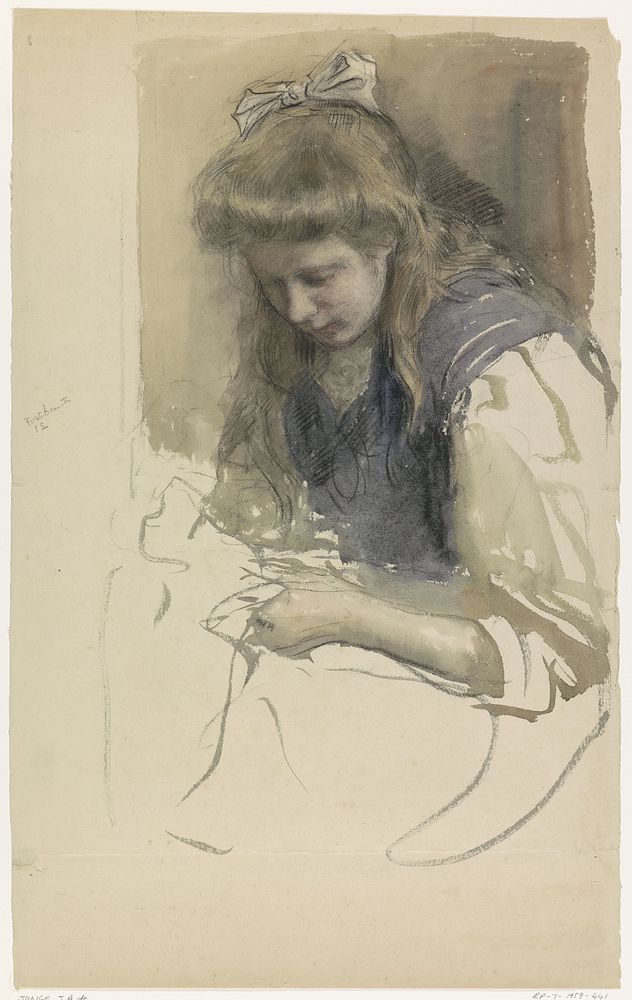 Studie van een handwerkend meisje in matrozenjurk (1874 - 1927) by Johan Antonie de Jonge