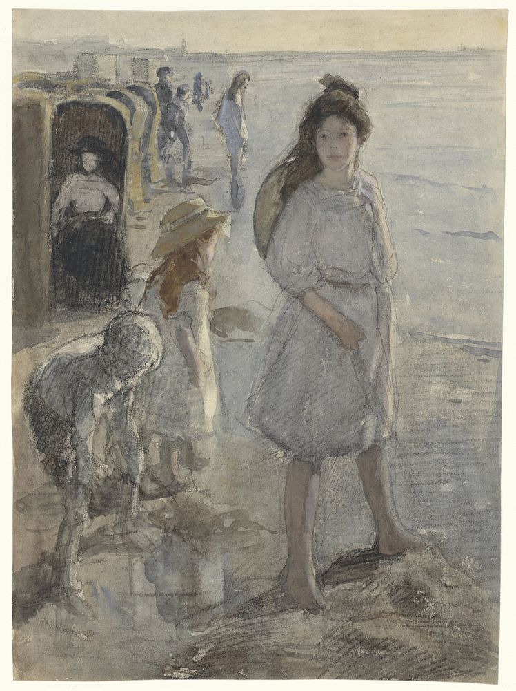 Staand meisje en andere kinderen op het strand te Scheveningen (1874 - 1927) by Johan Antonie de Jonge