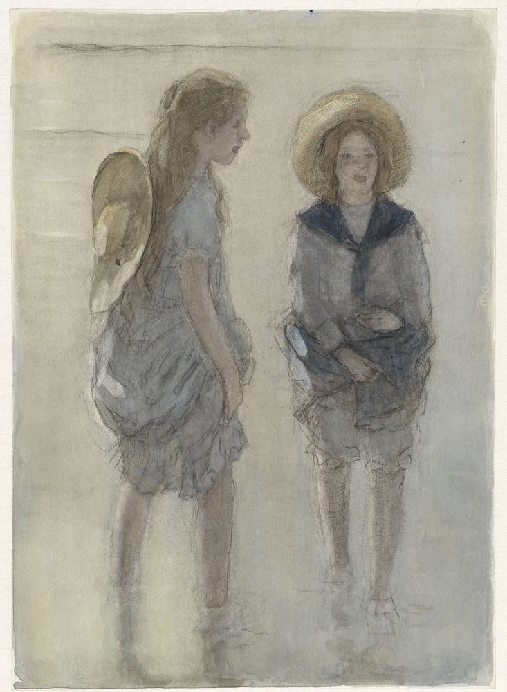 Twee pootjebadende meisjes met grote strohoeden (1874 - 1927) by Johan Antonie de Jonge
