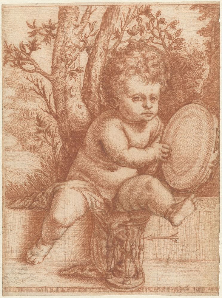 Jongetje met tamboerijn en zandloper (1763 - 1833) by Jordanus Hoorn, Titiaan and Jacob Matham