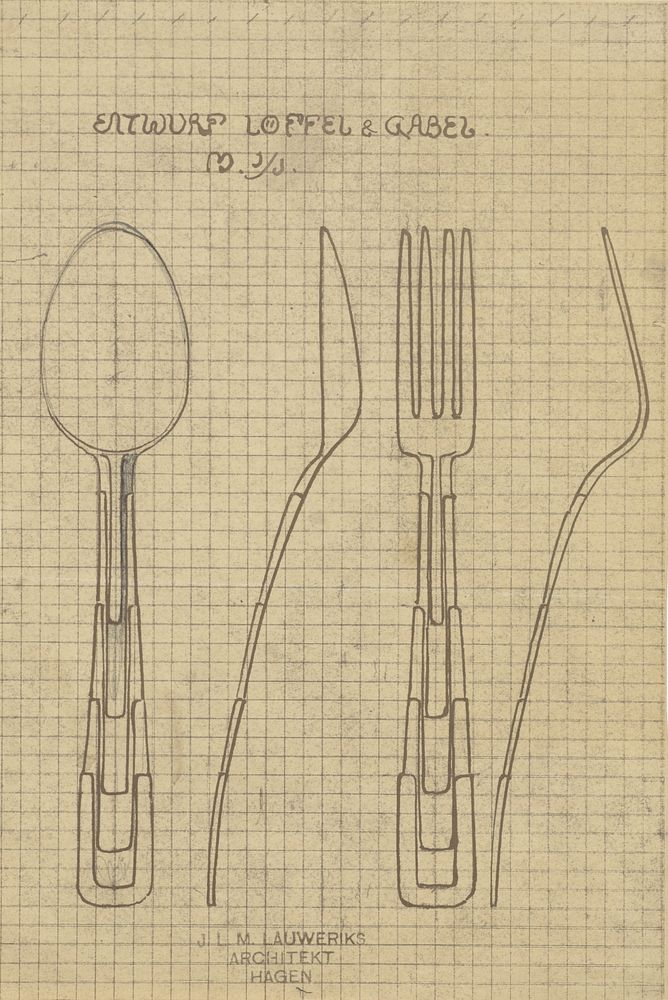 Ontwerp voor een lepel en een vork (c. 1874 - c. 1932) by Mathieu Lauweriks