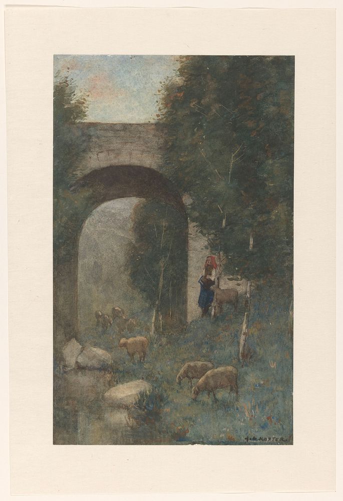 Herderin met schapen, bij een viaduct (1869 - 1937) by Anton L Koster