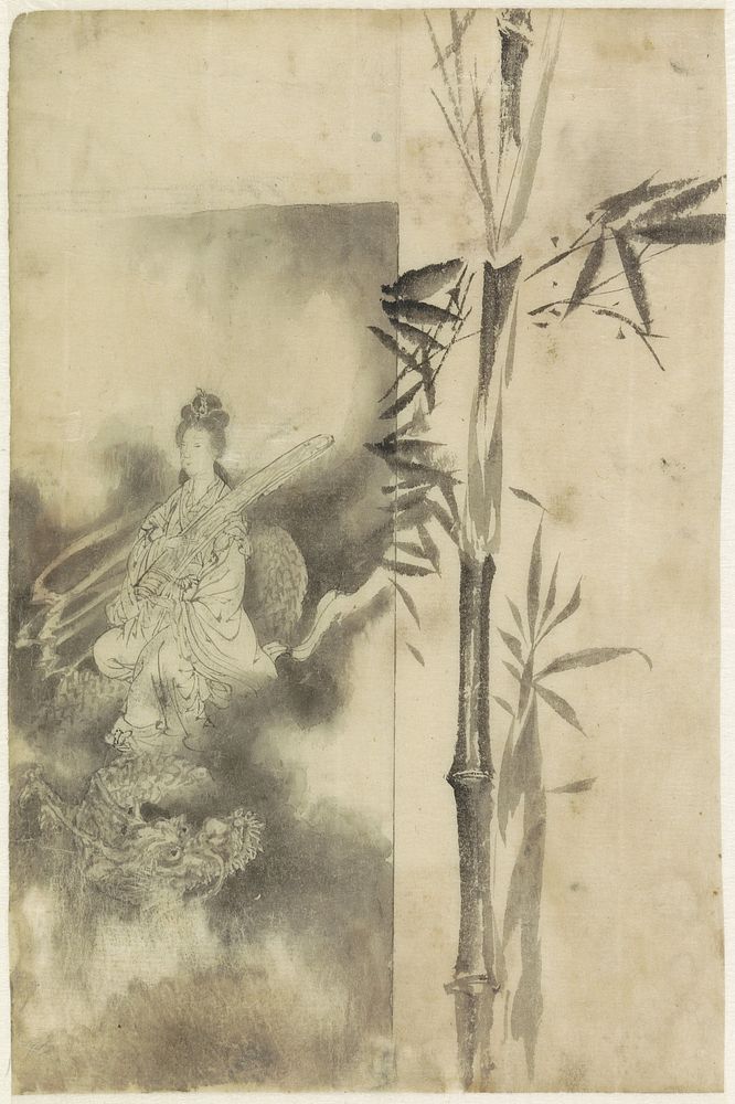 Tronende godin op een draak en bamboestengel (1799 - 1857) by Yamamoto Shinryo Baiitsu