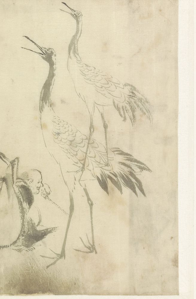 Schetsblad met twee kraanvogels en een man met knapzak (1799 - 1857) by Yamamoto Shinryo Baiitsu