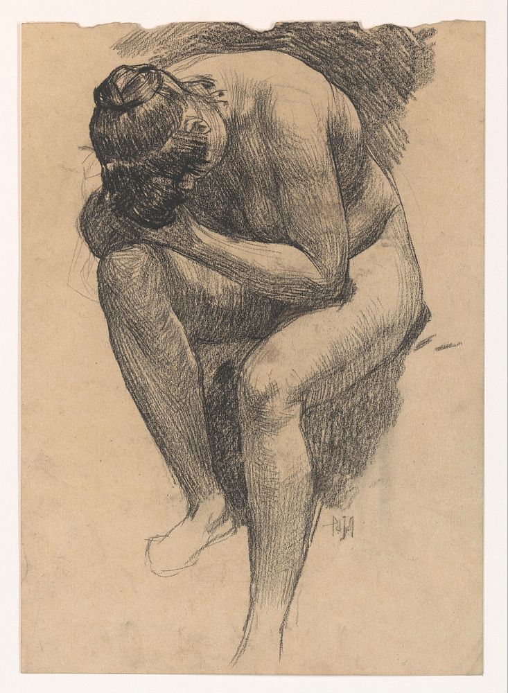 Naaktstudie van een voorover gebogen zittende vrouw (1871 - 1906) by Pieter de Josselin de Jong