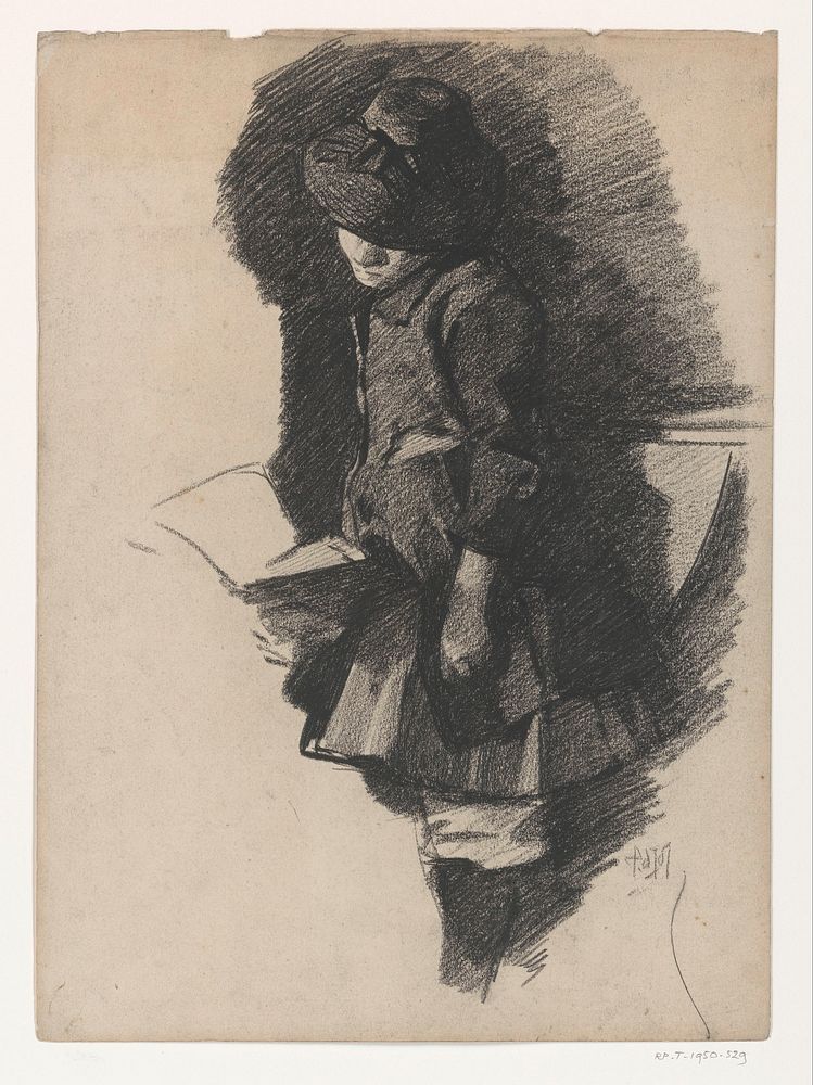 Staand meisje met hoed, kijkend in een boek (1871 - 1906) by Pieter de Josselin de Jong