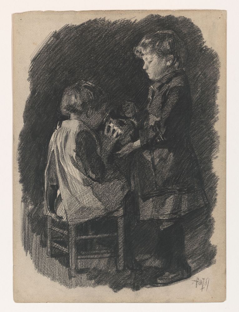 Een klein meisje laat een zusje uit een kan melk drinken (1871 - 1906) by Pieter de Josselin de Jong