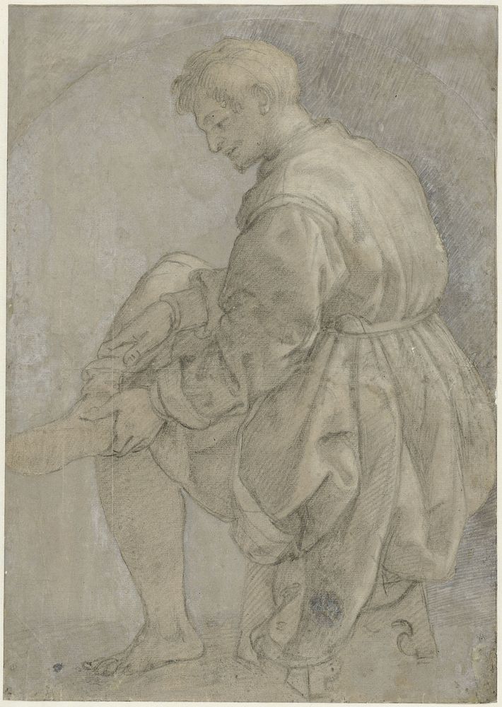 Zittende man die zijn kous aantrekt (1545 - 1572) by Alessandro Allori