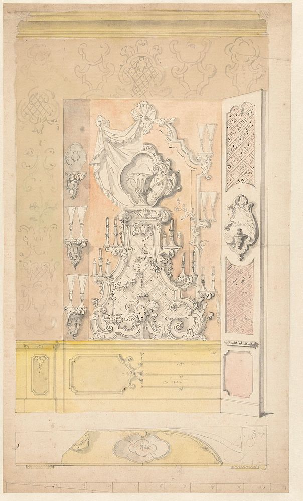 Ontwerp voor een wandkast met étagère in een binnenbetimmering (1796) by anonymous and Johannes van Dregt