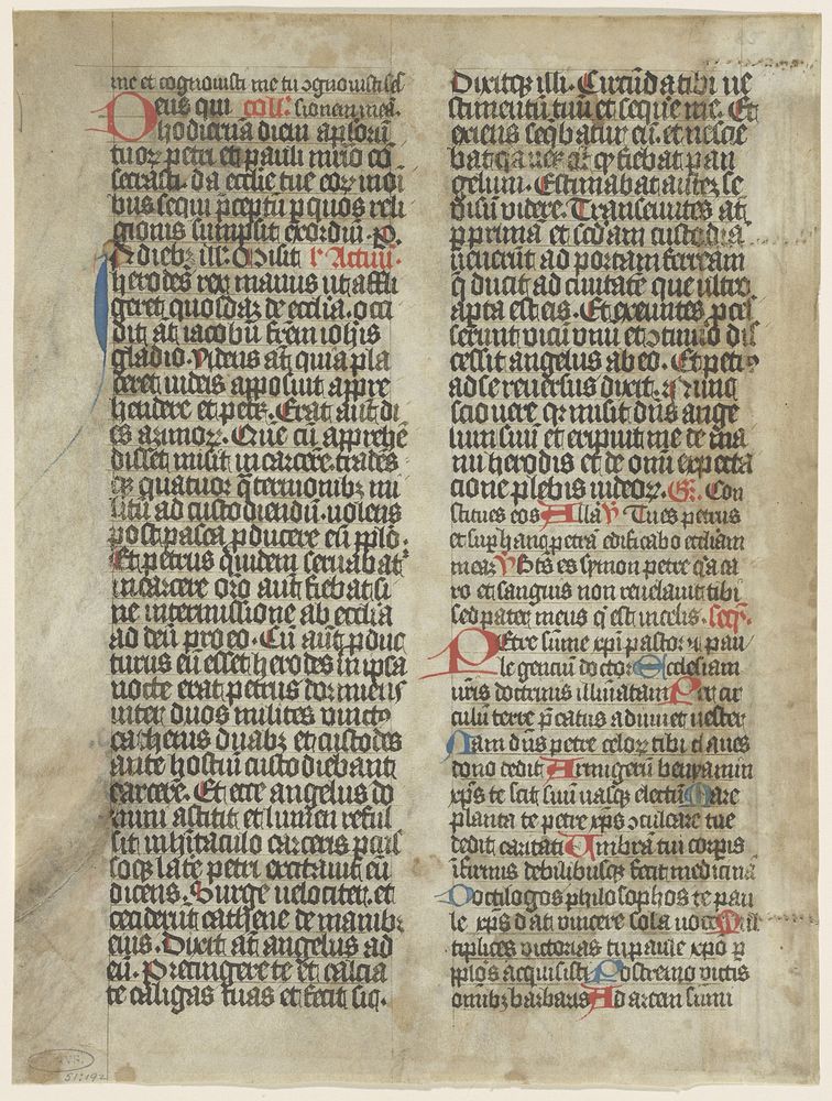 Fragment van een handschrift met initialen in rood en blauw (1400 - 1500) by anonymous