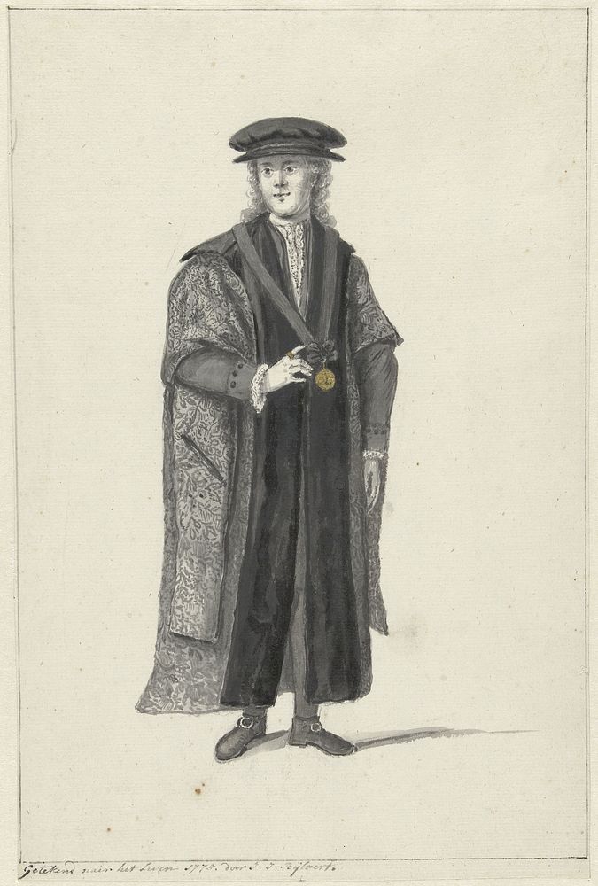 Leidse jonge doctor met zwarte toga en erepenning (1775) by Joannis Jacobus Bijlaert