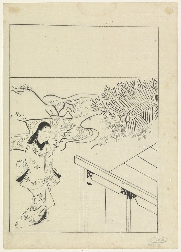Landschap met een vrouw met een tak bloemen in de hand (1628 - 1694) by Hishikawa Moronobu