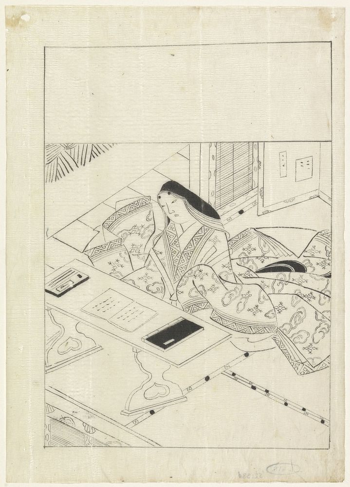 Dame gezeten in een vertrek voor een tafel, waarop twee boeken en schrijfgerei liggen (1628 - 1694) by Hishikawa Moronobu