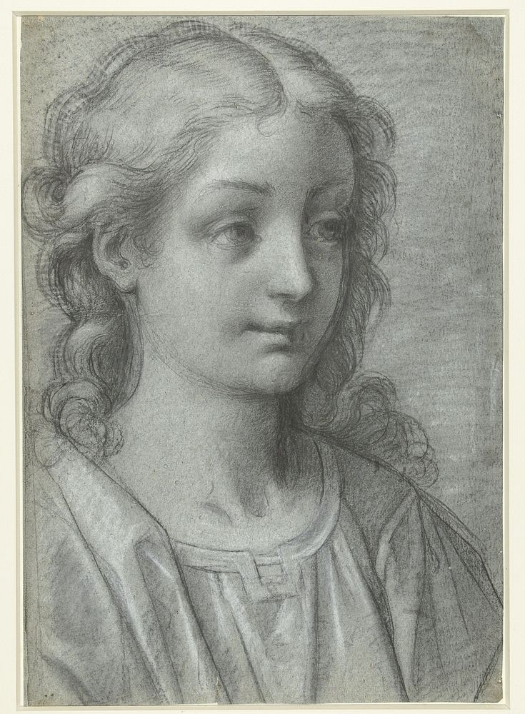 Hoofd van een jong meisje met krullend haar en stralenkrans (c. 1600) by anonymous