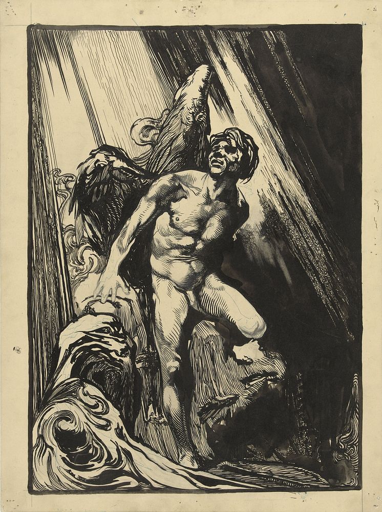 Lucifer in een rotslandschap bij een stroom, opziend naar het licht (1881 - 1934) by Johannes Josephus Aarts
