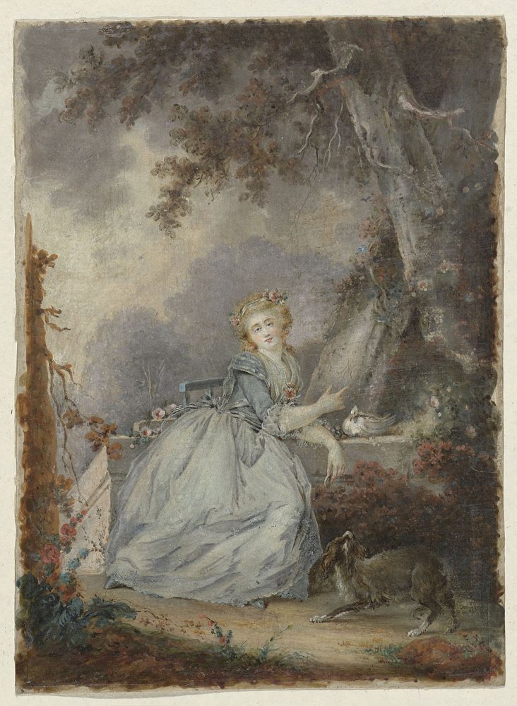 Jonge dame bij een stenen balustrade (1762 - 1825) by Jean Frédéric Schall and Claude Jean Baptiste Hoin