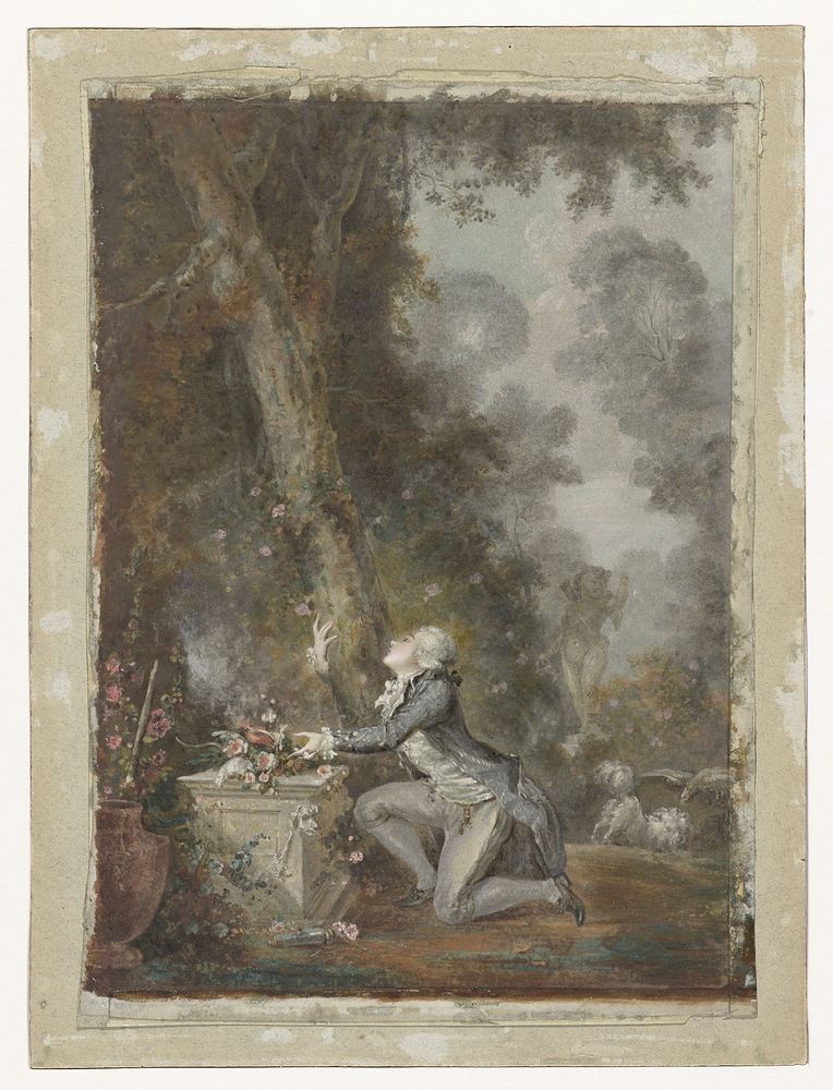 Jongeman knielend bij een liefdesaltaar in een tuin (1762 - 1825) by Jean Frédéric Schall and Claude Jean Baptiste Hoin
