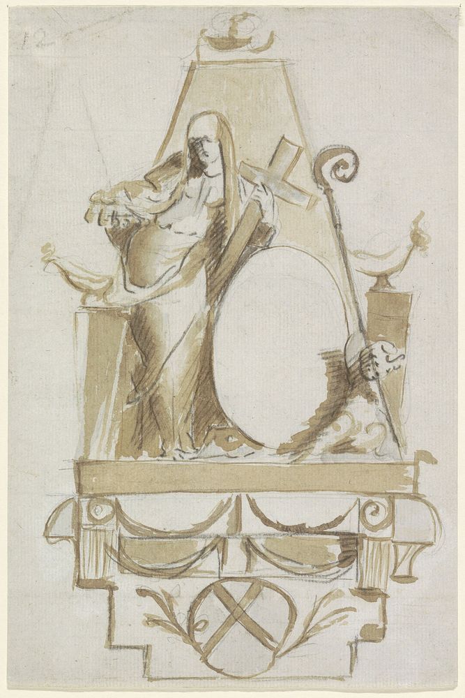 Grafmonument met vrouw met kruis en medaillon (1650 - 1800) by G Herreyns