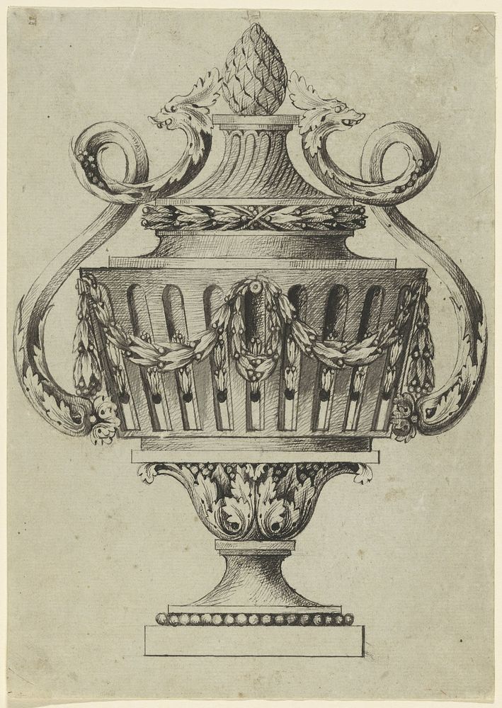 Vaas met guirlandes en dennenappel (1600 - 1800) by anonymous
