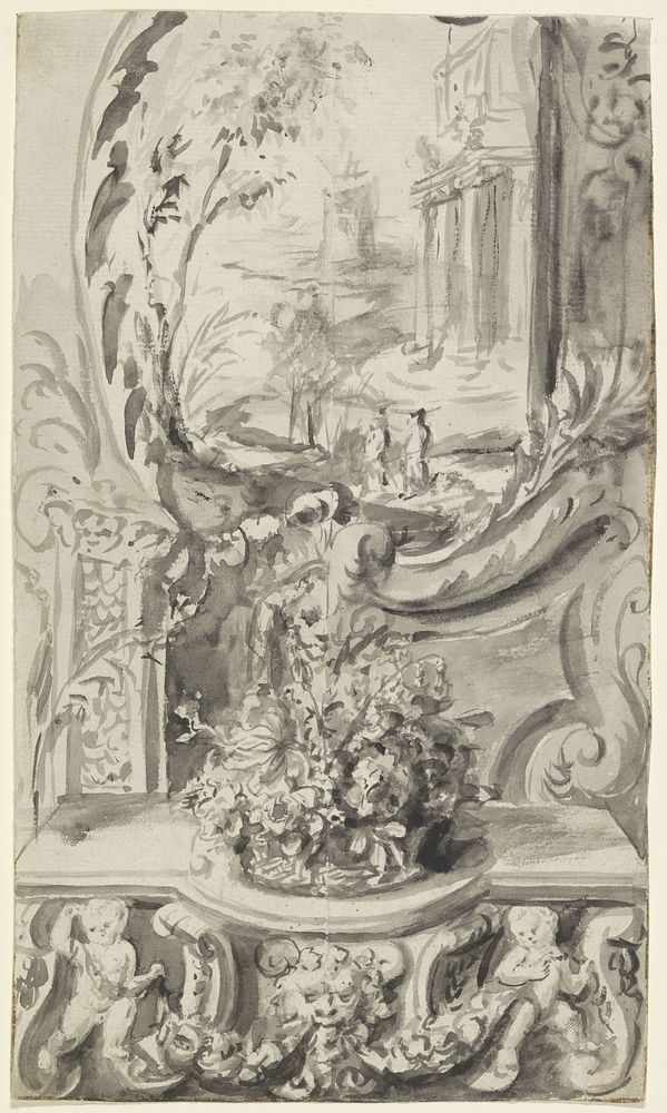 Decoratief ontwerp met putti en bloemen (1600 - 1800) by anonymous